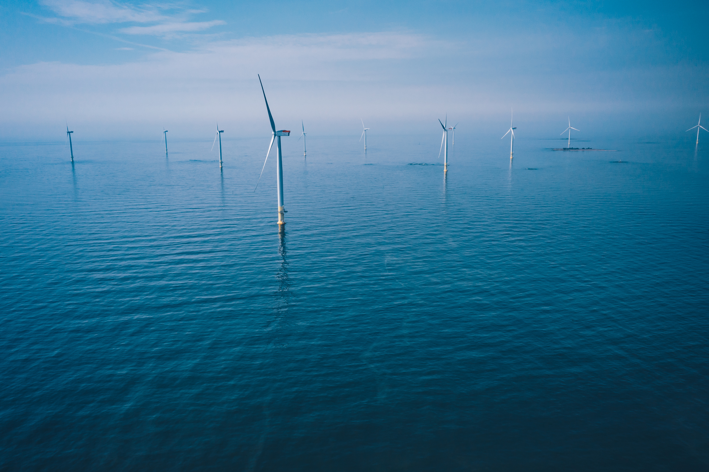 Wind Turbine Aerial View Wind Turbines Windmills Farm Field Blue Sea Finland V2